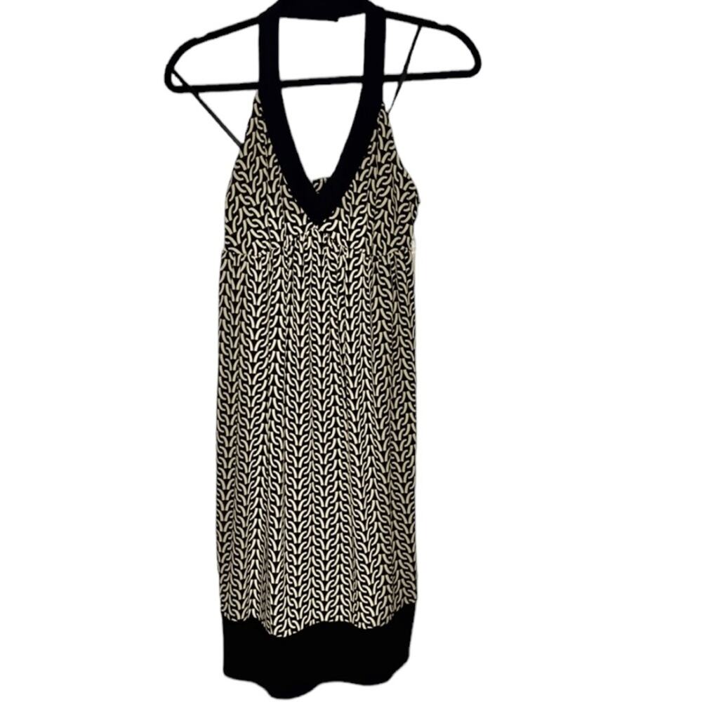 London Times Halter Mini Dress Size 6 Black Ivory Pattern V Neck Sleeveless NWT